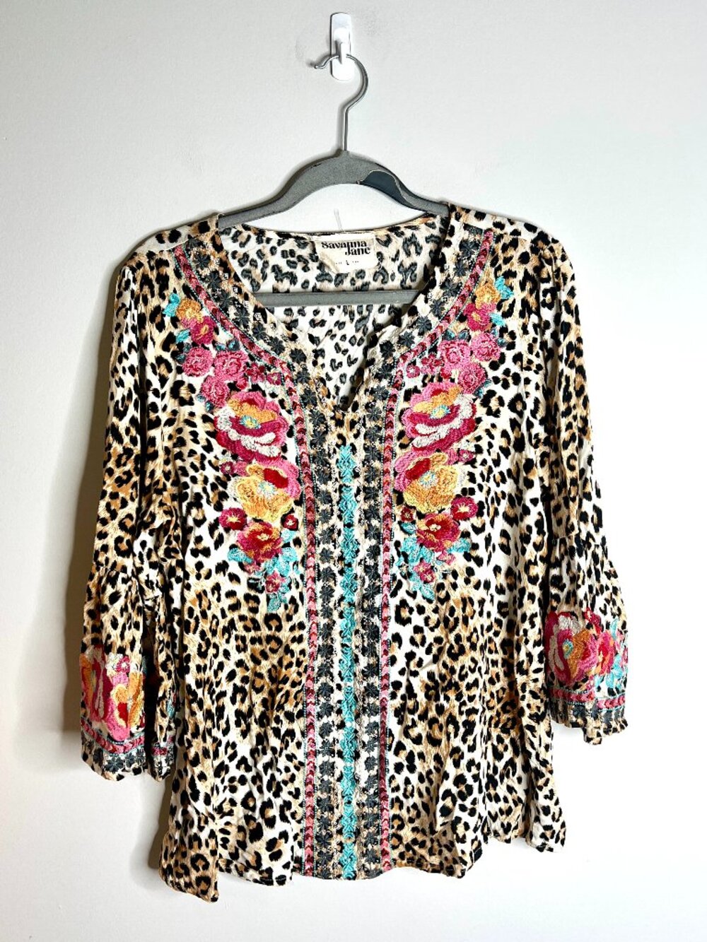 Savanna Jane Leopard Print Embroidered Boho Floral Flowy Top Fall Transition L